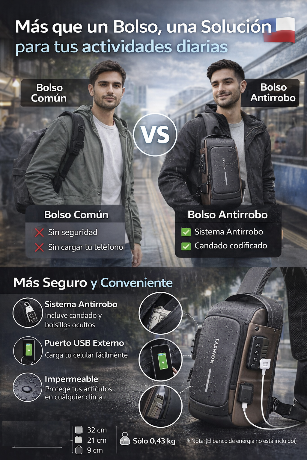 Bolso Antirrobo: Impermeable con puerto USB