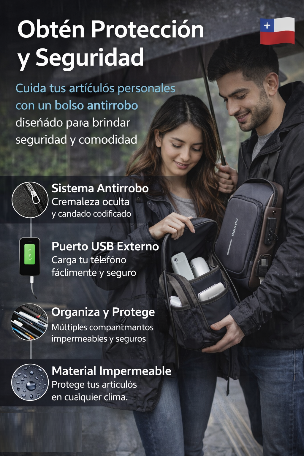 Bolso Antirrobo: Impermeable con puerto USB
